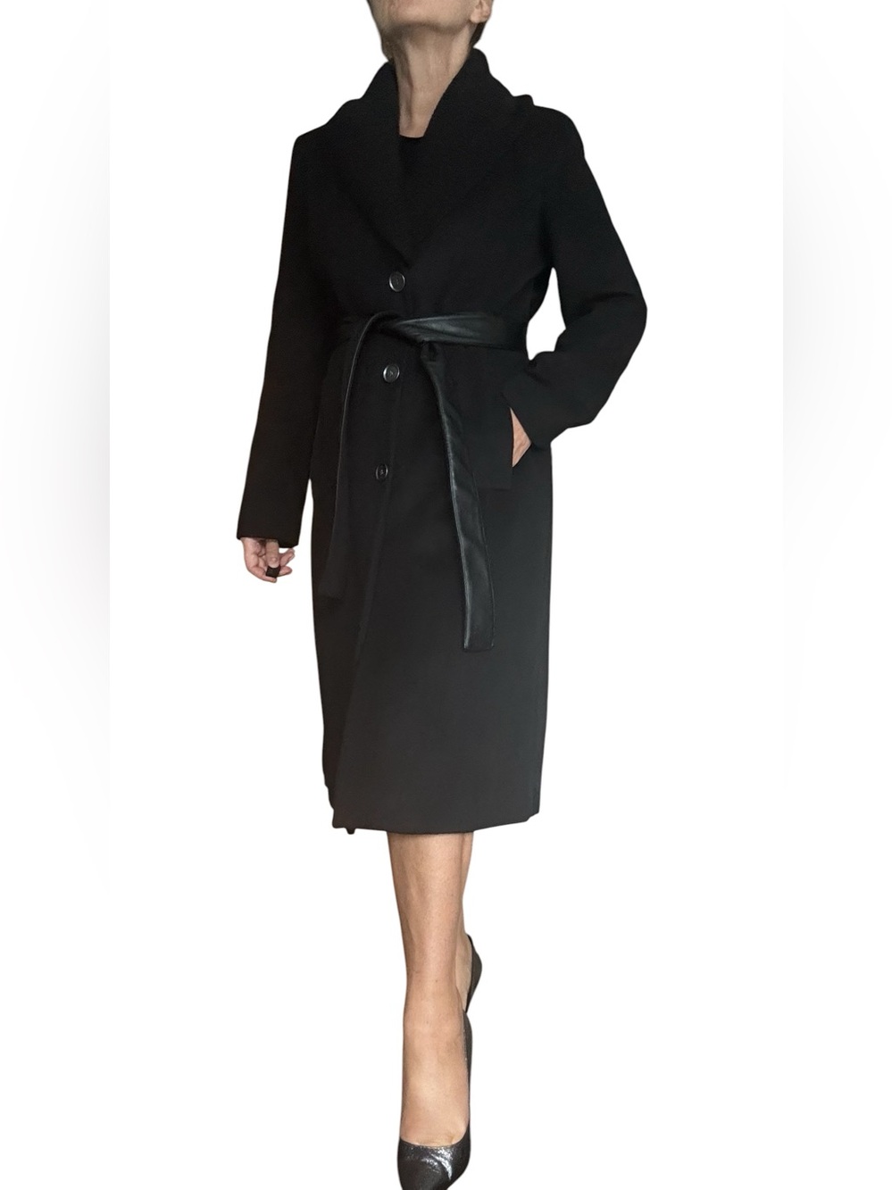 DKNY Black Midi Wrap Wool Coat with Leather Tie Belt